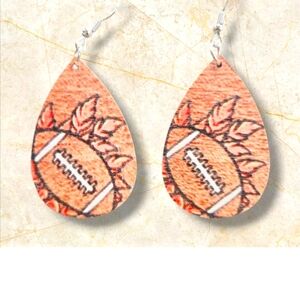 Fall football wood fishhook teardrop earrings NEW 2.8" Length x 1.26 wide